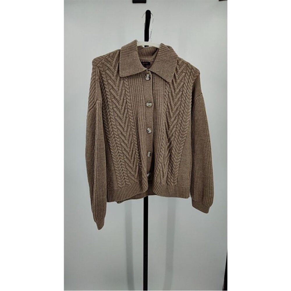Quince Taupe Cable Knit Button-Up Sweater - Picture 7 of 9